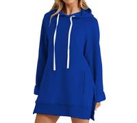 The Hoodie Dress - Sudadera casual de gran tamaño para mujer, sudadera larga con dobladillo dividido con bolsillos, vestido con capucha de gran tamaño, azul, S