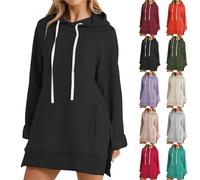 The Hoodie Dress - Sudadera casual de gran tamaño para mujer, sudadera larga con dobladillo dividido con bolsillos, vestido con capucha de gran tamaño, Negro, XXL