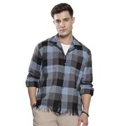 The Indian Garage Co Camisa de manga completa a cuadros para hombre, cuello cubano, ajuste relajado, Ónix, 44