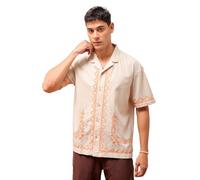 The Indian Garage Co Camisa de manga corta con bordado de ajuste relajado para hombre, cuello cubano, Natural, 44