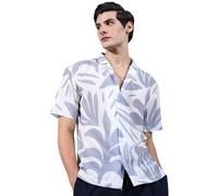 The Indian Garage Co Camisa de manga media con cuello cubano para hombre, ajuste relajado, estampado floral, gris, L