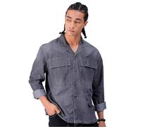 The Indian Garage Co Camisa vaquera para hombre, corte boxy, color sólido, manga completa, cuello cubano y bolsillo doble con solapa, Negro , L