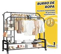 The Inventions Emporium Burro Ropa - Burro Ropa Resistente - Burros Percheros con Ruedas - Fácil de montar Con Doble Barra, Estantes, Zapatero y Ganchos para Accesorios - 162x150x50 CM - Acero Negro