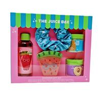 The Juice Box - Juego de regalo de ducha, gel de baño de sandía de 100 ml, 100 g, mantequilla corporal de papaya de 50 ml, mantequilla corporal de ciruela de 50 ml, coletero