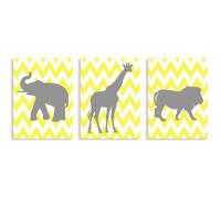 The Kids Room by Stupell Elephant, Giraffe, Lion Sillouhettes in Grey on Yellow Chevron 3-Pc. Rectangle Wall Plaque Set by The Kids Room by Stupell