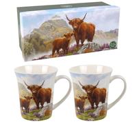 The Leonardo Collection Highland Cow - Juego de 2 tazas de té y café Macneil Studios para bebidas calientes, tazas impresas de porcelana fina para cocina y hogar, tazas de cerámica reutilizables para