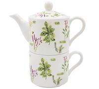 The Leonardo Collection Jennifer Rose Gallery - Té de jardín de hierbas para uno, juego de tetera y taza de porcelana con ilustración de jardín de hierbas, elegante juego de té, estilo granja, regalo