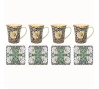 The Leonardo Collection William Morris - Juego de 4 tazas y posavasos de porcelana fina, diseño botánico de medianoche, utensilios de cocina decorativos para el hogar