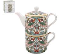 The Leonardo Collection William Morris Strawberry Thief Tea for One | Bonito diseño de tetera y taza | Juego de té de cerámica para regalo para mujeres y hombres | Hermosa tetera impresa para el hogar