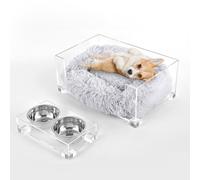 THE LICKER STORE DBD2001A-2SET Billie - Cama para mascotas pequeña y moderna de 24 x 15.75 pulgadas con cojín lavable y comedero elevado para mascotas de 4 pulgadas con 2 cuencos de acero inoxidable