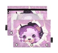 The Little Bear Behind The Broken Wall - Estuche de 3 anillos en rosa y morado, 2 carpetas de archivos para examen de oficina, bolsa de papelería con cremallera