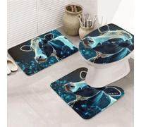 The Little Blue Cow - Juego de 3 alfombras de baño con estampado de vaca azul, alfombrilla de baño + alfombrilla de contorno + funda para asiento de inodoro, lavable a máquina, alfombrilla de baño de