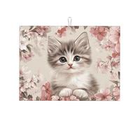 The Little Cat is Among The Pink Flowers - Tapete grande de microfibra para escurrir platos, reutilizable, lavable, para accesorios de cocina, 18 x 24 pulgadas