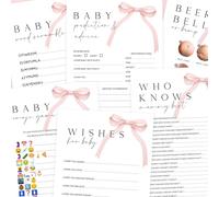 The Little Party Company Paquete de juegos de baby shower, tema de lazo rosa, 6 tarjetas A5 de doble cara para 10 jugadores, incluye predicción, mezcla de palabras, juego de emoji, Who Knows Mummy