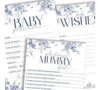 The Little Party Company Paquete de juegos para baby shower, diseño floral de porcelana azul, 3 juegos para 10 jugadores, predicciones, deseos, quién conoce mejor a mamá