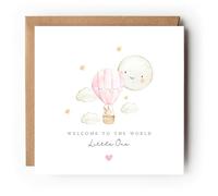 The Little Party Company Tarjeta de felicitación para bebé con texto en inglés "Welcome to the World Little One", globo de aire caliente rosa, 15 x 15 cm, con sobre marrón kraft