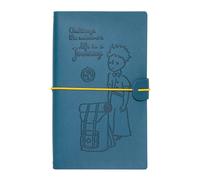 The Little Prince Travel Journal, soft polyurethane cover, includes 2 replaceable notebooks (80 sheets each, bullet and lined), elastic band, inner pocket, dimensions 12 x 19.5 cm, ideal for travelers