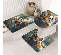 The Little Tiger In The Lake - Juego de alfombras de baño de 3 piezas, tapetes de baño de espuma viscoelástica suave y absorbente y tapete de inodoro en forma de U, decoración del hogar, secado rápido