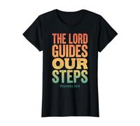 The Lord Guides Our Steps Proverbios 16:9 Versículo de la Biblia Camiseta gráfica económica, Mujer, Negro, M