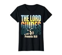 The Lord Guides Our Steps Proverbios 16:9 Versículo de la Biblia Camiseta gráfica económica, Mujer, Negro, XL