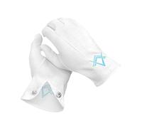 THE MASONIC COLLECTION Guantes Francmasones de Algodón Pesado para Hombre, Color Blanco, Bordado Artesanal, Cuadrado Azul y Logotipo de Brújula, XL