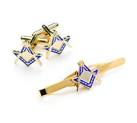 THE MASONIC COLLECTION - Juego de gemelos cuadrados y brújula para hombre, chapado en oro, revestimiento azul, viene en bolsa de terciopelo/caja de gemelos, regalos masones para hombres, talla única