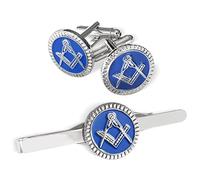 The Masonic Collection - Juego de gemelos cuadrados y brújula y corbata para hombre, chapado en azul y plata, viene en bolsa de terciopelo/caja de regalo, regalos masones de calidad para hombres,
