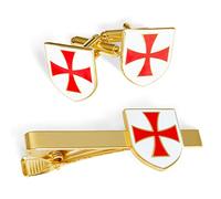 The Masonic Collection - Juego de gemelos y corbata dorados de caballeros templarios para hombre, revestimiento esmaltado rojo y blanco, viene en bolsa de terciopelo/caja de gemelos, regalos masones