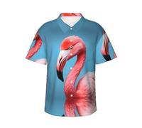 The Mighty Flamingo Print Camisa de manga corta estilo hawaiano para hombre, camisa de viaje de isla de verano, S-3XL, Negro, XXL