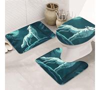 The Moon Is White And There Is A Solitary Wolf Print - Juego de 3 alfombras de baño + alfombrilla de contorno + funda de asiento de inodoro, lavable a máquina, antideslizante, de microfibra suave