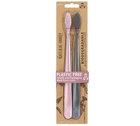 The Natural Family Co. Bio Toothbrush, Soft Nylon Bristles With Non-GMO Cornstarch Handles, Plastic-Free Packaging & BPA Free - Rose Quartz & Monsoon Mist (Pack of 2)