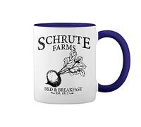 The Office TV Show Schrute Farms Dwight Dunder Miffline Beets Blanca taza de café con el borde azul y la manija Mug