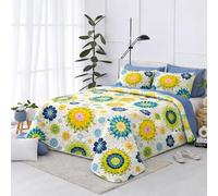 The one home Colcha Boutí Acolchada Reversible Estampado Flores Tropicales Azul Amarillo - 100% Poliéster, Colcha Verano Ligera Transpirable, con 2 Fundas Almohada, Cama 150 250×270cm