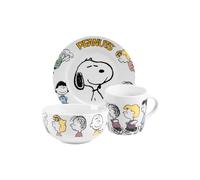 The Peanuts Snoopy Family - Juego de 3 platos, cuenco y taza de porcelana, color blanco