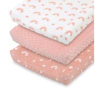 The Peanutshell Fundas para cambiador de bebé para niña, sábanas de mesa cambiadora rosa Minky para niñas, decoración floral de arcoíris bohemio