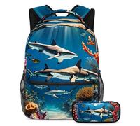 The Perfect School Companion, Juego de 2 mochilas escolares para niños con mochila y estuche para lápices, para niños, niñas y adolescentes, lindo tiburón, multicolor, B：29.4x20x40cm P：19x7.5x3.8cm,