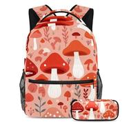 The Perfect School Companion, Juego de 2 mochilas escolares para niños con mochila y estuche para lápices, para niños, niñas y adolescentes, patrón de seta roja, multicolor, B：29.4x20x40cm\