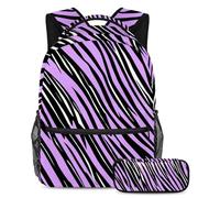 The Perfect School Companion, Juego de 2 mochilas escolares para niños con mochila y estuche para lápices, para niños, niñas y adolescentes, rayas moradas de cebra, multicolor, B：29.4x20x40cm\