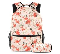 The Perfect School Companion, Juego de 2 mochilas escolares para niños con mochila y estuche para lápices, para niños, niñas y adolescentes, patrón floral rojo, multicolor, B：29.4x20x40cm\