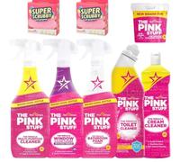 The Pink Stuff - Kit Limpieza Completo de 6 produstos, Pasta Milagrosa 850g, Spray Multiusos 850ml, limpiador Baño 850 ml, Limpiacristales 850ml, Limpiador WC 750 ml, Crema 500ml + 2 Estropajos