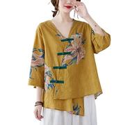 The Princess Bride Hanfu - Blusa casual de lino, manga 3/4, cuello en V, ropa tradicional china con botones de rana china, para verano, A2- Parent, amarillo, L