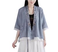 The Princess Bride Hanfu - Blusa casual de lino, manga 3/4, cuello en V, ropa tradicional china con botones de rana china, para verano, A13- Parent, azul, XL