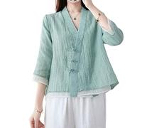 The Princess Bride Hanfu - Blusa holgada de lino, casual, manga 3/4, cuello en V, ropa tradicional china con botones de rana china, verano, A7- Parent, verde, M