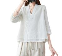The Princess Bride Hanfu - Blusa informal de lino, manga 3/4, cuello en V, ropa tradicional china con botones de rana china, para verano, A4