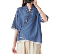 The Princess Bride Hanfu - Blusa informal de lino, manga 3/4, cuello en V, ropa tradicional china con botones de rana china, para verano, A11- Parent, azul, M