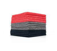 The Rag Company - Paquete de 12 unidades, de 40,6 cm x 40,6 cm, toallas multiusos de microfibra, de grado comercial, altamente absorbentes, sin pelusas, sin marcas (negro/gris/rojo)