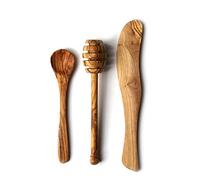 The Rustic Dish | Juego de desayuno y condimentos de madera de olivo | 3 piezas | Cuchillo de mantequilla, cuchara de mermelada y cuchara de miel | Madera de olivo