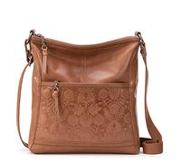 The SAK Bandolera Piel, Iris Crossbody en Cuero, Bolso Casual con Correa Ajustable y Bolsillos con Cremallera para Mujer, Tabaco Floral Relieve, Talla única