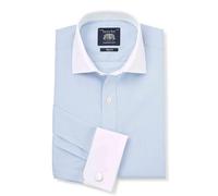 THE SAVILE ROW COMPANY LONDON Camisa formal de popelina de algodón de corte ajustado para hombre, manga larga, doble puño, Cuadros azul cielo/cuello y puños blancos, 16 Neck / 34 Sleeve