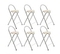 THE SECRET HOME - Pack de 6 Taburetes Plegables de Cocina - Asiento Plegable de Metal y Madera - Taburete Apto para Interior y Exterior (Alto: 80 cm x Largo: 40 cm - Madera Clara/Plateado)